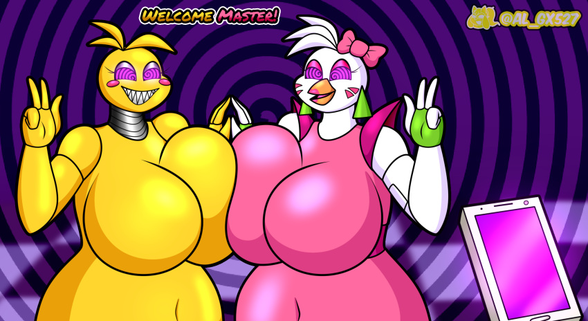 accessory al_gx animatronic anthro avian beak beakless big_breasts bird blush blush_stickers bodypaint bottomwear breast_squish breast_to_breast breasts breasts_frottage chicken clothed clothing curvy_figure duo english_text female female/female five_nights_at_freddy's five_nights_at_freddy's:_security_breach five_nights_at_freddy's_2 galliform gallus_(genus) glamrock_chica_(fnaf) hacker hacking hand_holding hi_res huge_breasts hypnosis machine mind_control non-mammal_breasts open_mouth phasianid phone pink_clothing reprogramming robot scottgames seduced spiral spiral_eyes squish standing stated_homosexuality stated_sexuality steel_wool_studios text toy_chica_(fnaf) white_body yellow_body yellow_skin