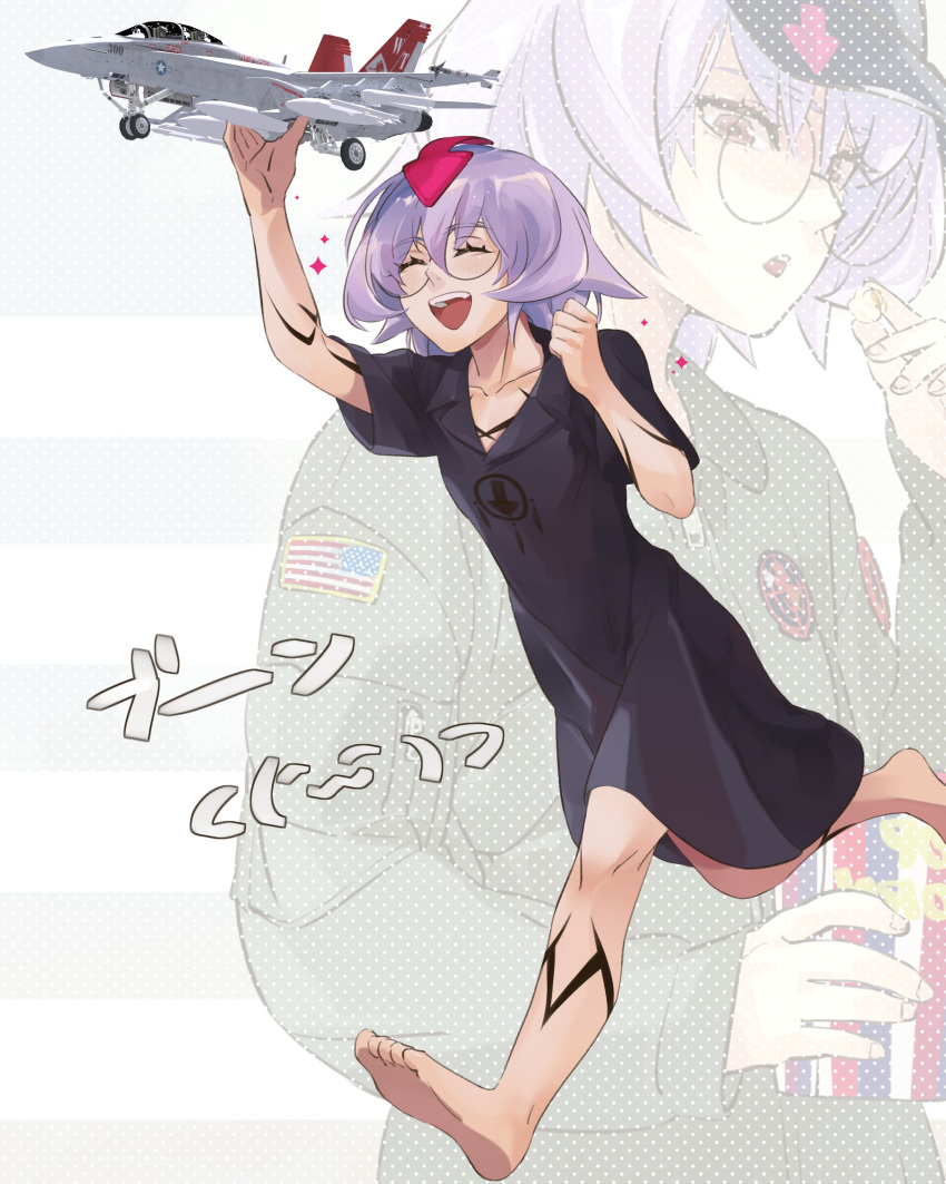 1boy absurdres aircraft airplane american_flag arm_tattoo arrow_(symbol) bedman bucket eating fighter_jet food full_body guilty_gear guilty_gear_xrd highres holding holding_food holding_toy jet leg_tattoo light_purple_hair long_sleeves male_focus medium_hair military military_vehicle pierro_wpmp popcorn round_eyewear short_sleeves tattoo top_gun toy