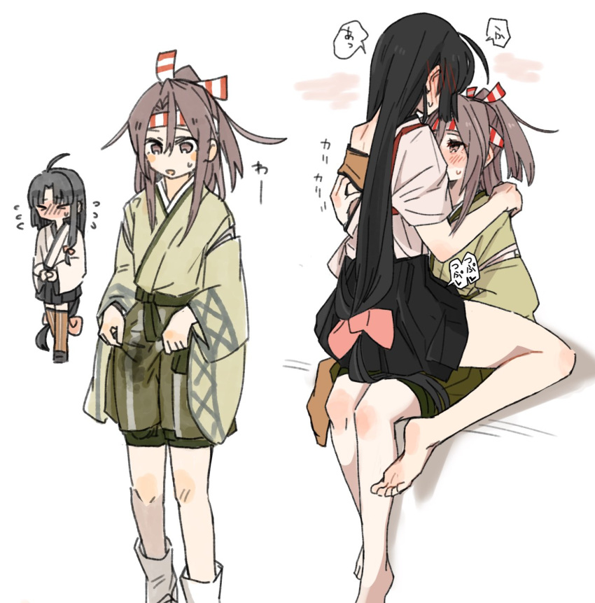 2girls barefoot black_hair black_hakama blush bow brown_eyes brown_hair flying_sweatdrops frottage green_hakama hachimaki hair_bow hakama hakama_shorts hakama_skirt headband highres hinata_hibari japanese_clothes kantai_collection long_hair multiple_girls multiple_views nose_blush pink_bow pussy_juice_stain shorts shouhou_(kancolle) simple_background sitting skirt straddling sweat upright_straddle very_long_hair white_background wide_sleeves yuri zuihou_(kancolle)