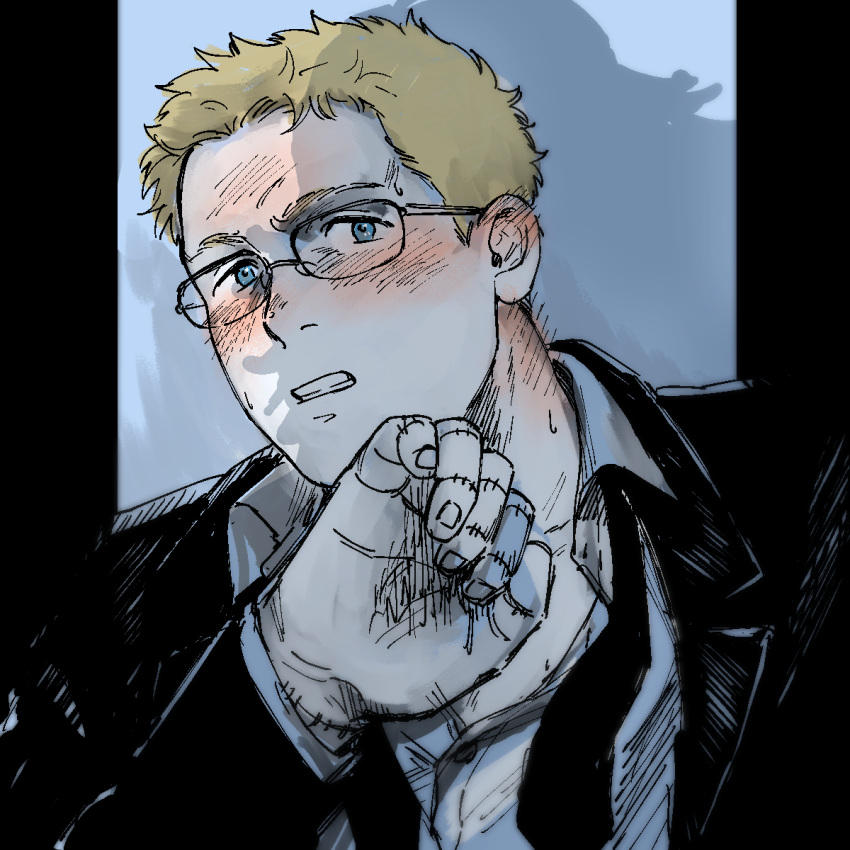 1boy bara black_suit blonde_hair blush collared_shirt dorohedoro ear_blush formal glasses highres male_focus necktie nore_(boosuke) parted_lips shin_(dorohedoro) shirt short_hair shy sideburns silhouette solo stitches suit sweatdrop undone_necktie upper_body