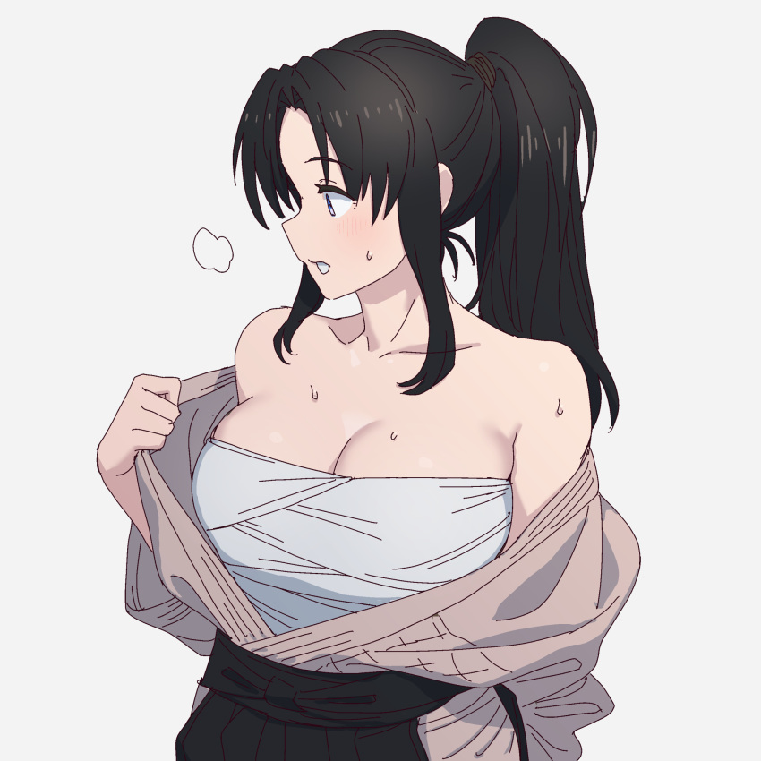 1girl bare_shoulders black_hair breasts character_request cleavage collarbone highres japanese_clothes large_breasts looking_to_the_side onsen_tamago_(hs_egg) original ponytail sarashi solo sweat white_background
