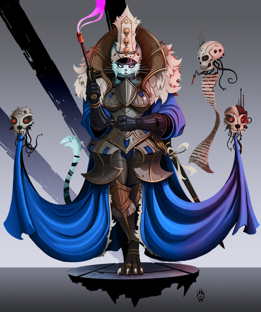 anthro armor blue_body blue_fur bone boob_armor clothing felid feline feline_skull felinid female floating_skull fur fur_cloak gun hat headgear headwear hi_res holding_gun holding_object holding_weapon human_skull mammal markings ranged_weapon servo_skull sheathed_sword skull solo striped_markings striped_tail stripes tail tail_markings warhammer_(franchise) warhammer_40000 weapon wolfdawg