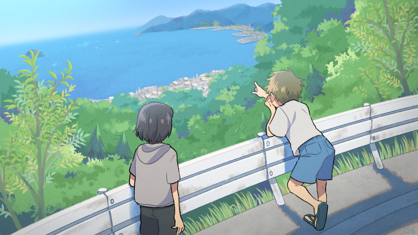 2boys arm_at_side arm_support black_pants blue_shorts brown_hair city facing_away from_behind grass green_hair grey_hoodie guard_rail highres hood hood_down hoodie horizon index_finger_raised kojiro337 male_child male_focus mountain multiple_boys nature ocean on_railing original pants plant pointing sandals scenery shadow shirt short_hair short_sleeves shorts t-shirt tree white_shirt