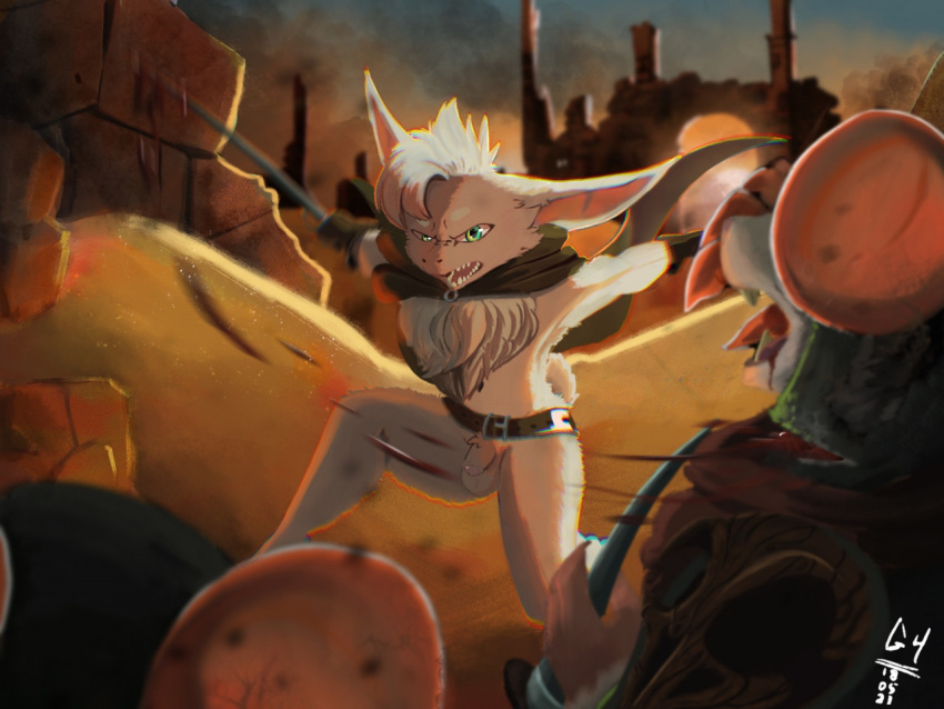 anthro balls bat belt blood bodily_fluids cape chest_tuft clothed clothing desert detailed_background fight flaccid g4brields genitals gloves green_eyes group handwear killing long_ears male mammal melee_weapon mostly_nude mouse murid murine outside penis rodent ruins sand sky solo_focus sword teeth trio tuft turo_of_akesh weapon wingless_bat