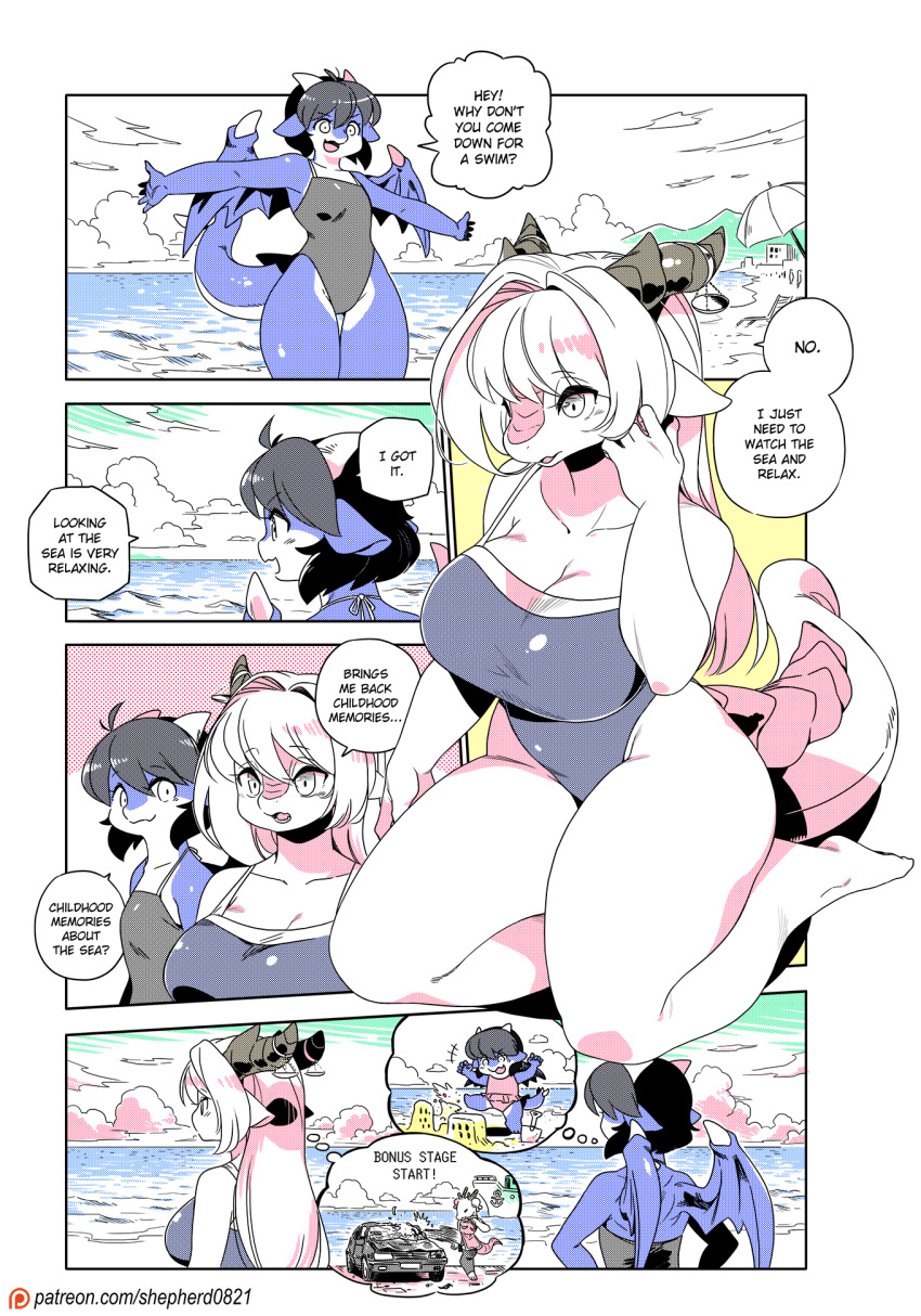anthro beach big_breasts breasts cleavage clothed clothing dragon duo female hair hi_res levia_(modern_mogal) one-piece_swimsuit seaside shepherd0821 swimwear