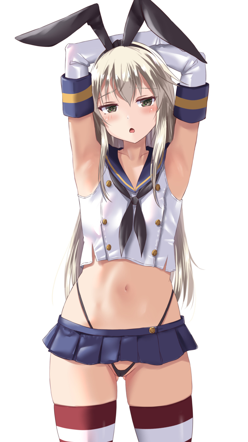 1girl armpits arms_up black_hairband black_neckerchief black_panties blonde_hair blush breasts cowboy_shot crop_top elbow_gloves gloves grey_eyes hairband highleg highleg_panties highres kantai_collection kuroame_(kurinohana) long_hair looking_at_viewer microskirt navel neckerchief panties sailor_collar shimakaze_(kancolle) shirt simple_background skirt sleeveless sleeveless_shirt small_breasts solo striped striped_thighhighs thighhighs underwear white_background white_gloves