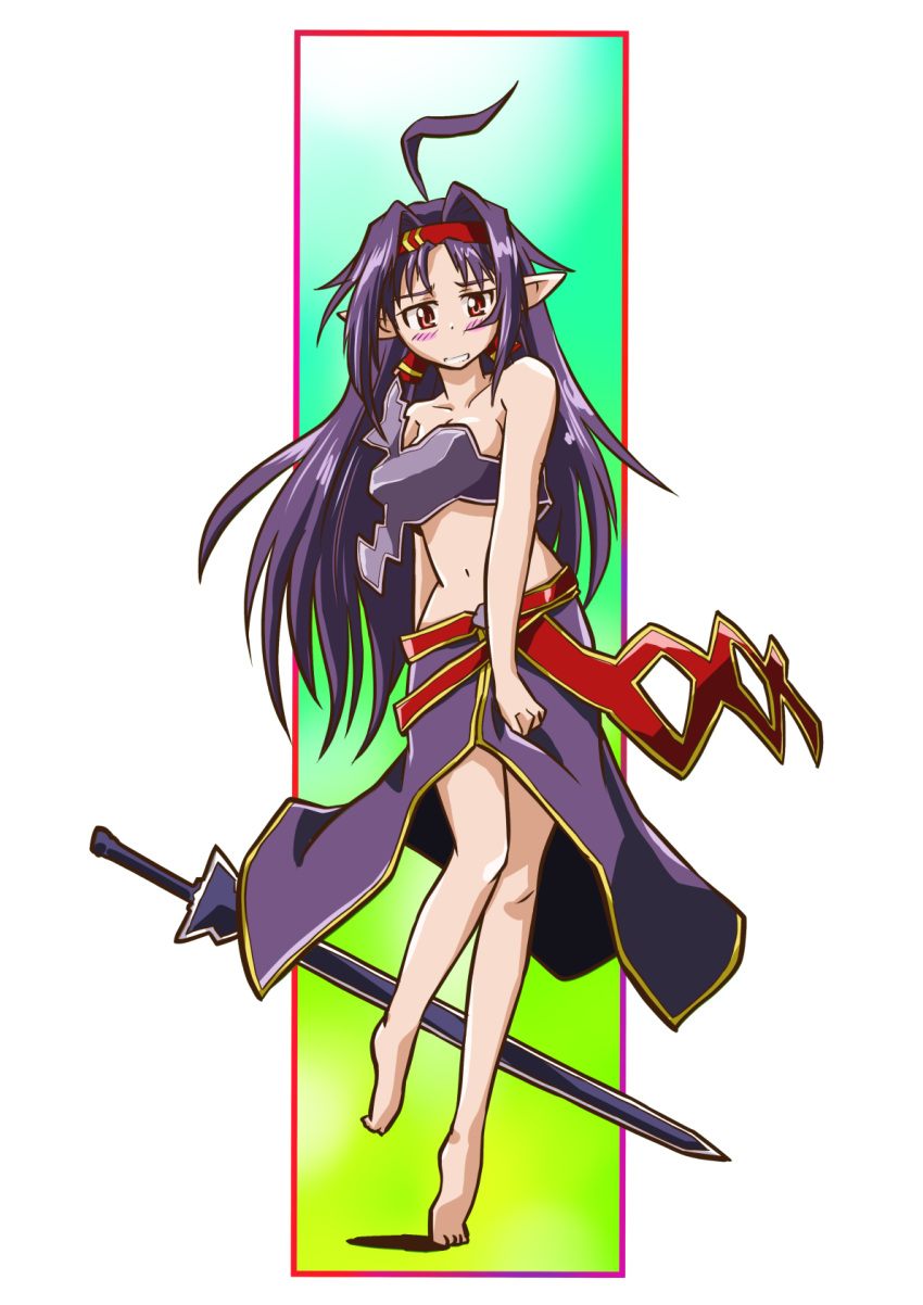 1girl ahoge armor bare_shoulders barefoot belt blush breastplate breasts cleavage fairy_(sao) full_body hairband highres long_hair looking_at_viewer midriff navel no_detached_sleeves no_gloves no_legwear no_leotard obsidian_slasher parted_bangs pointy_ears purple_armor purple_hair purple_skirt red_belt red_eyes red_hairband skirt small_breasts solo sword sword_art_online taiga_hiroyuki very_long_hair weapon yuuki_(sao)