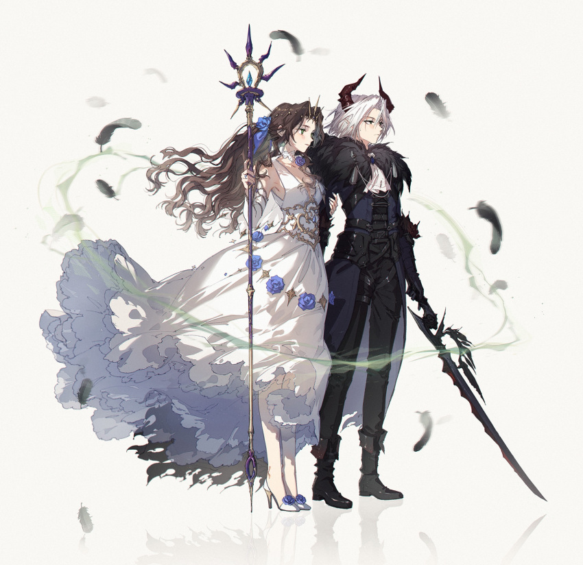1boy 1girl aerith_gainsborough bare_shoulders black_coat black_footwear black_gloves black_pants blue_flower blue_ribbon blue_rose boots breasts choker cleavage coat demon_horns detached_sleeves dress dress_flower falling_feathers feather_trim final_fantasy final_fantasy_vii final_fantasy_vii_ever_crisis final_fantasy_vii_remake flower full_body gloves gold_trim green_eyes hair_between_eyes hair_flower hair_ornament halloween_costume high_heels highres holding holding_another's_arm holding_staff horns jewelry kieta long_coat long_dress long_hair long_sleeves medium_breasts official_alternate_costume pants parted_bangs plunging_neckline ponytail ribbon ring rose sephiroth short_hair staff standing tiara wavy_hair white_choker white_dress white_footwear white_sleeves