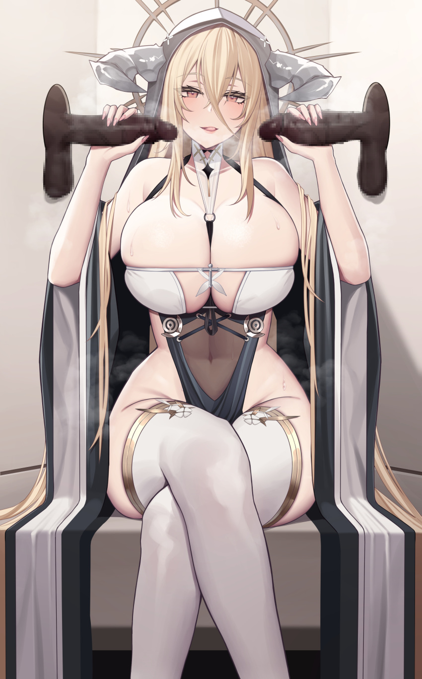 1girl 2boys absurdres azur_lane bare_shoulders blonde_hair blush breasts censored covered_navel crossed_legs dark-skinned_male dark_skin feet_out_of_frame hair_between_eyes handjob highres horns imminent_fellatio implacable_(azur_lane) large_breasts long_hair looking_at_viewer mosaic_censoring multiple_boys parted_lips pelvic_curtain penis pink_eyes sitting siu_(siu0207) smile solo_focus testicles thighhighs thighs white_thighhighs