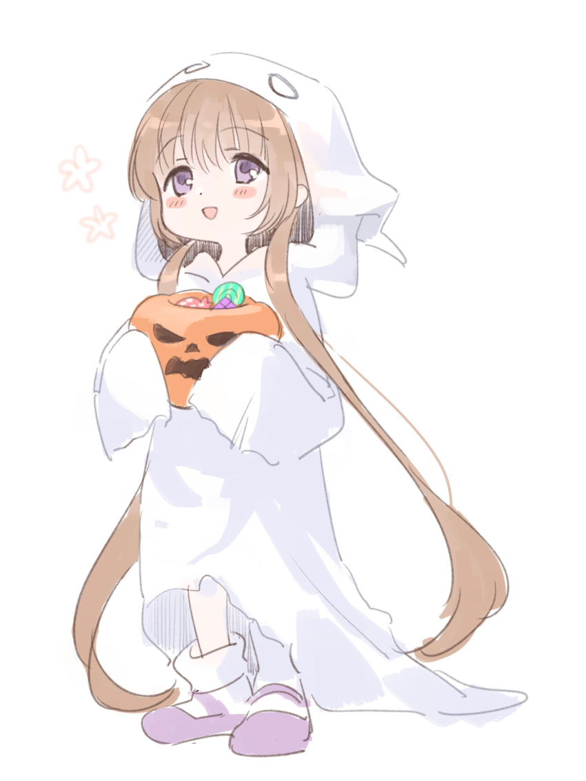 1girl absurdres alternate_costume blush_stickers brown_hair chipochopo324 commentary_request flower_(symbol) food full_body ghost_costume happy highres holding holding_food holding_pumpkin holding_vegetable hood hood_up jack-o'-lantern long_hair looking_up loose_socks low_twintails mary_janes open_mouth pumpkin purple_eyes purple_footwear raised_eyebrows shoes simple_background sleeves_past_fingers sleeves_past_wrists smile socks solo trick-or-treating tsukuyomi_ai twintails vegetable very_long_hair voiceroid white_background white_socks