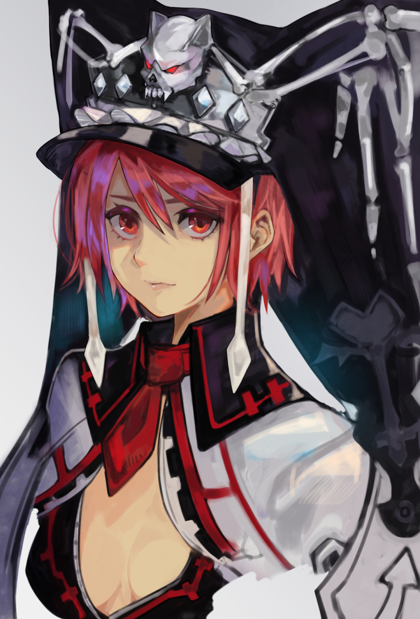 1girl breasts cleavage clothing_cutout guilty_gear guilty_gear_2 hair_between_eyes hat highres levvellevvel looking_at_viewer medium_breasts necktie red_eyes red_hair red_necktie shaded_face short_hair skull_ornament solo upper_body valentine_(guilty_gear)