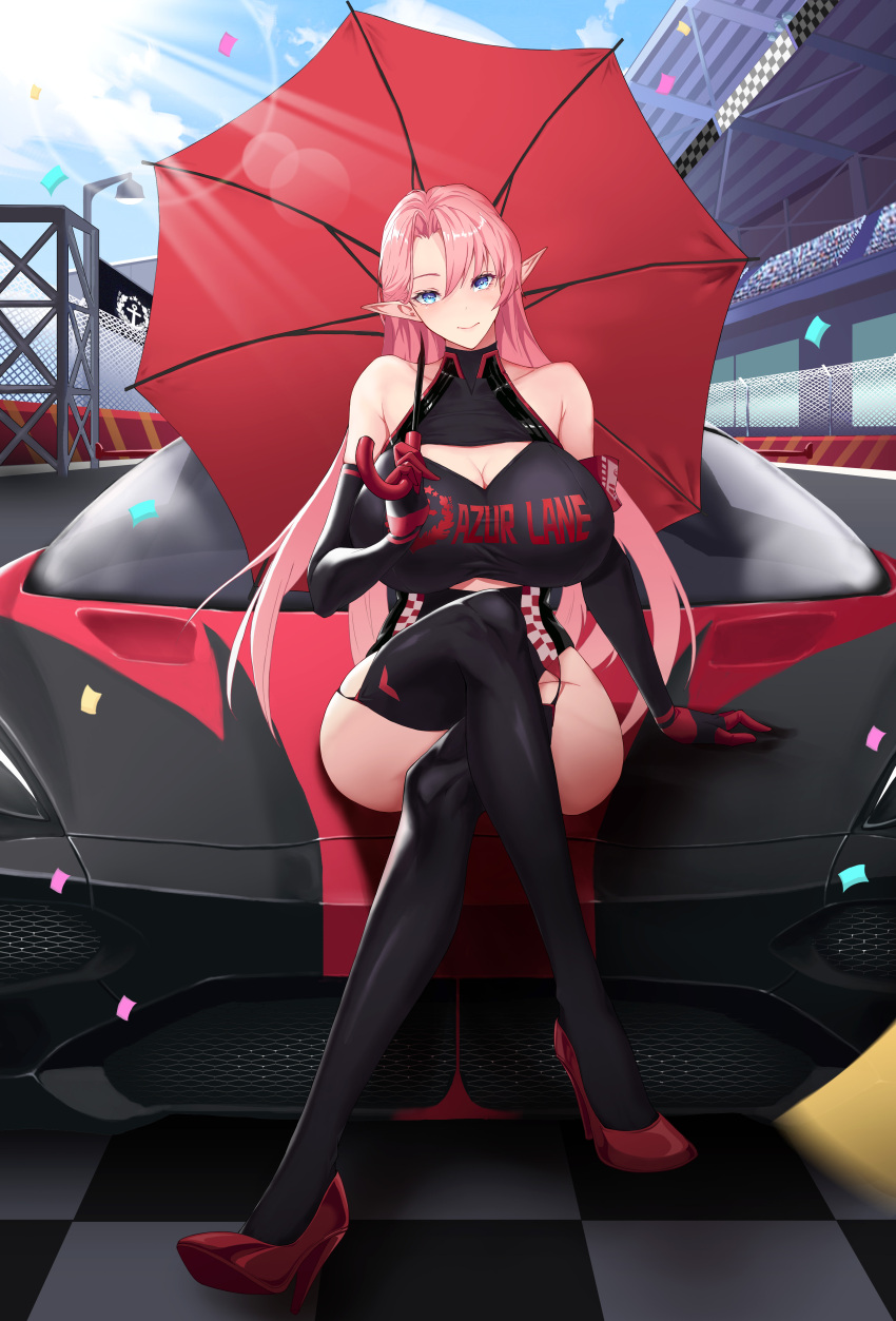 1girl absurdres azur_lane bare_shoulders black_gloves black_leotard black_thighhighs blue_eyes blue_sky breasts car cleavage cleavage_cutout clothing_cutout collarbone confetti crossed_legs duke_of_york_(azur_lane) duke_of_york_(prestige_of_the_glorious_formula)_(azur_lane) elbow_gloves full_body gloves hair_between_eyes high_heels highleg highres holding holding_umbrella huge_breasts jiangshi_(z296356158) leotard long_hair long_pointy_ears looking_at_viewer motor_vehicle official_alternate_costume on_vehicle outdoors parted_bangs pink_hair pointy_ears race_queen racetrack red_footwear red_gloves sitting sky smile solo sports_car thighhighs umbrella underboob_cutout