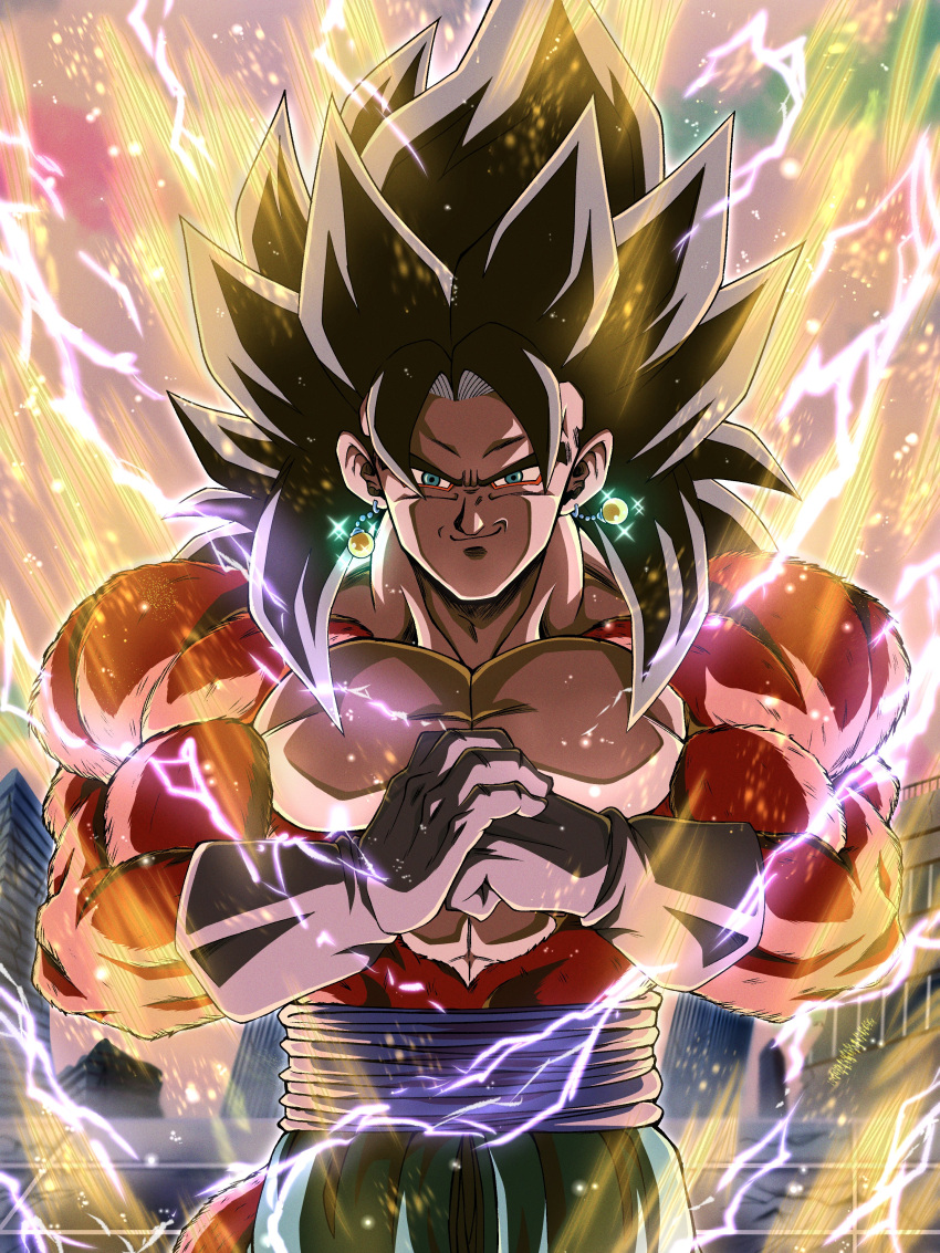 1boy abs absurdres aura black_hair blue_eyes blue_sash body_fur dragon_ball dragon_ball_gt earrings fusion gloves highres hiro_(udkod1ezlyi2flo) jewelry looking_at_viewer male_focus monkey_boy monkey_tail muscular muscular_male pants pectorals potara_earrings red_fur saiyan sash smile solo spiked_hair super_saiyan super_saiyan_4 tail vegetto