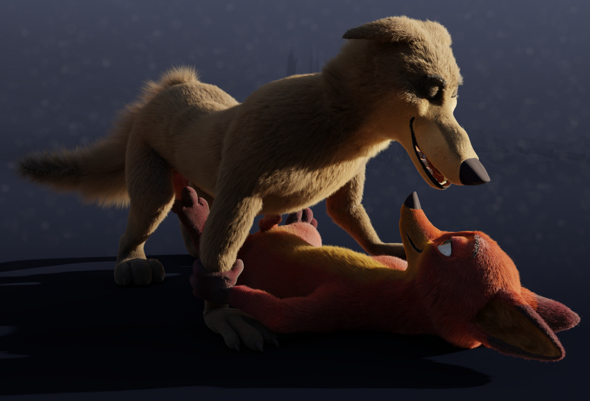 3d_(artwork) all_fours animal_genitalia animal_penis anthro black_nose blender_(software) blue_background brown_body brown_fur canid canine canine_genitalia canine_penis canis claws digital_media_(artwork) disney duo ears_down erection eyes_closed fangs fluffy fluffy_tail foot_fetish foot_play footjob fox fur genitals gloves_(marking) half-closed_eyes knot lying male male/male mammal markings narrowed_eyes nick_wilde nude on_back orange_body orange_fur penis pink_penis pivoted_ears rockyrcoon sex simple_background slightly_open_mouth smile tail teeth wolf yellow_underbelly zootopia