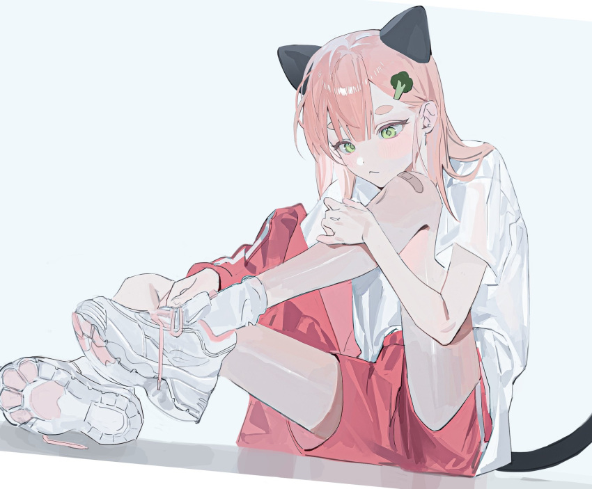 1girl :&lt; animal_ears asymmetrical_hair asymmetrical_sidelocks bandaid bandaid_on_knee bandaid_on_leg blunt_bangs broccoli cat_ears cat_tail extra_ears green_eyes gym_uniform hair_ornament hairpin highres jacket livliv1025 long_hair off_shoulder original pink_hair putting_on_shoes red_jacket red_shorts shadow shirt shoes shorts sitting sketch sneakers tail thick_eyebrows white_background white_footwear white_shirt