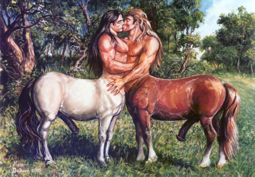 animal_genitalia animal_penis better_version_at_source centaur detailed_background duo equid equid_taur equine_genitalia equine_penis erection eyes_closed forest genitals grass hi_res humanoid_taur kissing male male/male mammal mammal_taur marc_debauch nature nipples outside painting_(artwork) penis plant side_view taur taur_on_taur traditional_media_(artwork) tree wood