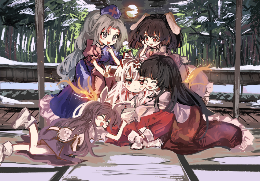 5girls :&gt; ^_^ anger_vein animal_ears bamboo bamboo_forest black_hair blue_dress blunt_bangs blush bow brown_hair carpet carrot carrot_necklace closed_eyes closed_mouth cross dress fiery_wings fire floppy_ears forest frilled_dress frills fujiwara_no_mokou full_body grey_eyes grey_hair grey_shirt hair_bow hand_on_own_cheek hand_on_own_face hat highres hime_cut houraisan_kaguya hug inaba_tewi indian_style jewelry leaning_forward light_particles long_hair long_sleeves looking_at_another looking_at_viewer lying medium_hair moon multicolored_clothes multicolored_dress multiple_girls nature necklace nurse_cap open_mouth pants pink_dress pink_shirt pink_skirt puffy_short_sleeves puffy_sleeves rabbit_ears rabbit_girl rabbit_tail red_cross red_eyes red_pants reisen_udongein_inaba shirt short_sleeves sidelocks sitting skirt smile socks suspenders sutaku77224 sweatdrop tail touhou two-tone_dress u_u very_long_hair white_hair white_socks wings wooden_floor yagokoro_eirin