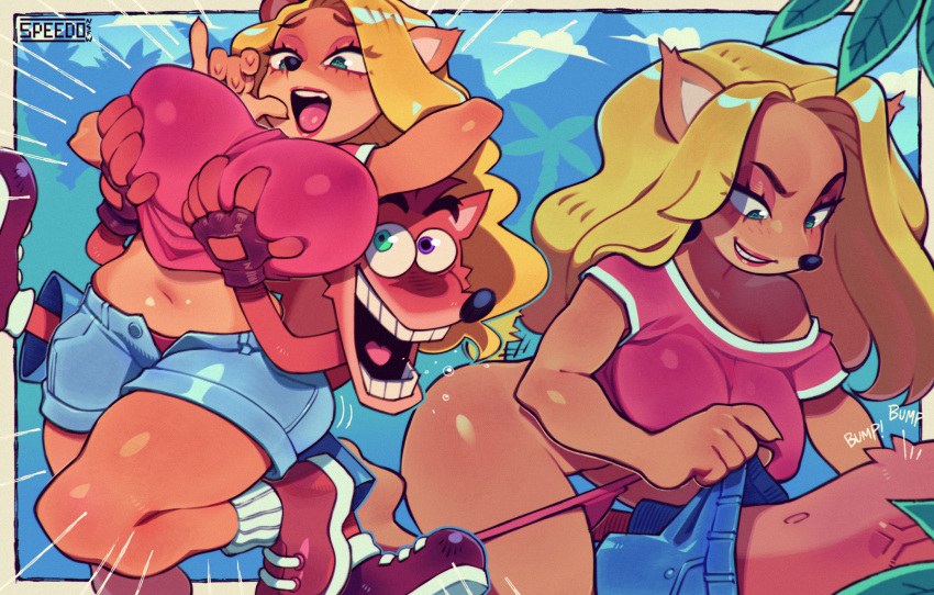 activision anthro bandicoot big_breasts blonde_hair breasts clothing crash_bandicoot crash_bandicoot_(series) female hair hi_res male male/female mammal marsupial panties speedoru tawna_bandicoot underwear