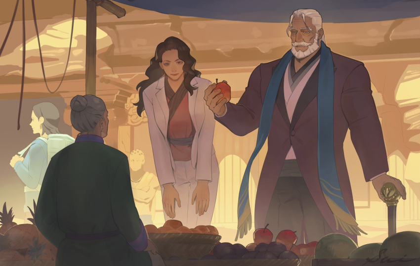 1boy 2girls back beard black_hair blue_eyes blue_scarf cane character_request cowboy_shot dark-skinned_male dark_skin facial_hair feet_out_of_frame food fruit fruit_stand green_robe grey_hair hair_bun highres holding holding_food holding_fruit jp_(street_fighter) long_hair looking_down male_focus market market_stall mature_male multiple_girls muscular muscular_male mustache old old_man old_woman outdoors pants pectorals ponytail purple_suit robe sa1k0p scarf street_fighter street_fighter_6 suit thick_eyebrows thick_mustache wavy_hair white_hair white_pants white_suit