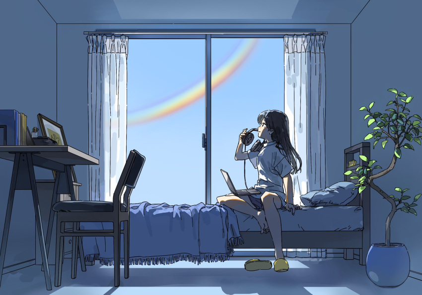 1girl bed bedroom black_hair chair chest_of_drawers closed_mouth computer desk drawer hand_up headphones highres holding holding_headphones indoors laptop long_hair long_sleeves on_bed original pillow plant potted_plant profile rainbow shirt short_shorts short_sleeves shorts sitting slippers solo t-shirt tree white_shirt window yellow_footwear yk_(tnkau)
