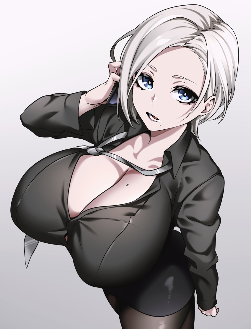 1girl absurdres bags_under_eyes black_pantyhose black_shirt blue_eyes breasts cleavage dress_shirt grey_hair hand_on_own_face highres hz_(666v) large_breasts looking_at_viewer looking_up mole mole_on_breast mole_under_mouth necktie open_mouth original pantyhose partially_unbuttoned shirt short_hair simple_background striped_necktie unbuttoned white_background