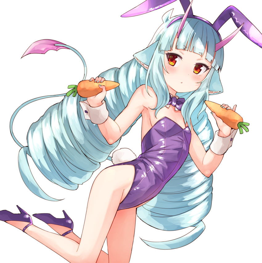 1girl :o absurdres animal_ear_fluff animal_ears blue_hair blue_nails blush bow bowtie braid carrot collar delmin_(show_by_rock!!) detached_collar dragon_girl dragon_horns dragon_tail dutch_angle fake_animal_ears food hairband high_heels highres holding holding_food horns kneeling leotard long_hair looking_at_viewer low_twintails nail_polish nyama parted_lips purple_bow purple_bowtie purple_footwear purple_hairband purple_leotard rabbit_ears rabbit_tail red_eyes shoes short_eyebrows show_by_rock!! simple_background solo strapless strapless_leotard tail thick_eyebrows twin_braids twintails very_long_hair white_background white_collar wing_collar wrist_cuffs