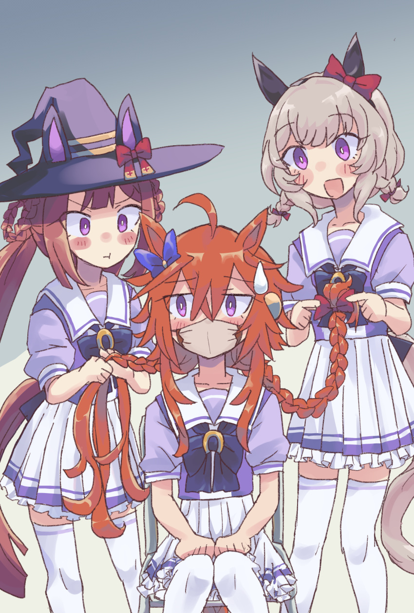 3girls :t adjusting_another's_hair ahoge alternate_hairstyle blush_stickers bow bowtie braid braiding_hair bright_pupils brown_hair chair collarbone commentary_request cowboy_shot curren_chan_(umamusume) ear_bow ear_covers hair_between_eyes hair_bow hairdressing hat hat_bow highres horse_tail long_hair mask messy_hair mouth_mask multiple_girls orange_hair orfevre_(umamusume) pleated_skirt pout puffy_short_sleeves puffy_sleeves purple_bow purple_bowtie purple_eyes purple_shirt red_bow sailor_collar school_uniform shirt short_hair short_sleeves short_twintails sidelocks sitting sketch skirt summer_uniform sweatdrop sweep_tosho_(umamusume) tail taisa_(h68533631) thighhighs tracen_school_uniform trimmed_tail twin_braids twintails umamusume white_sailor_collar white_skirt white_thighhighs witch_hat