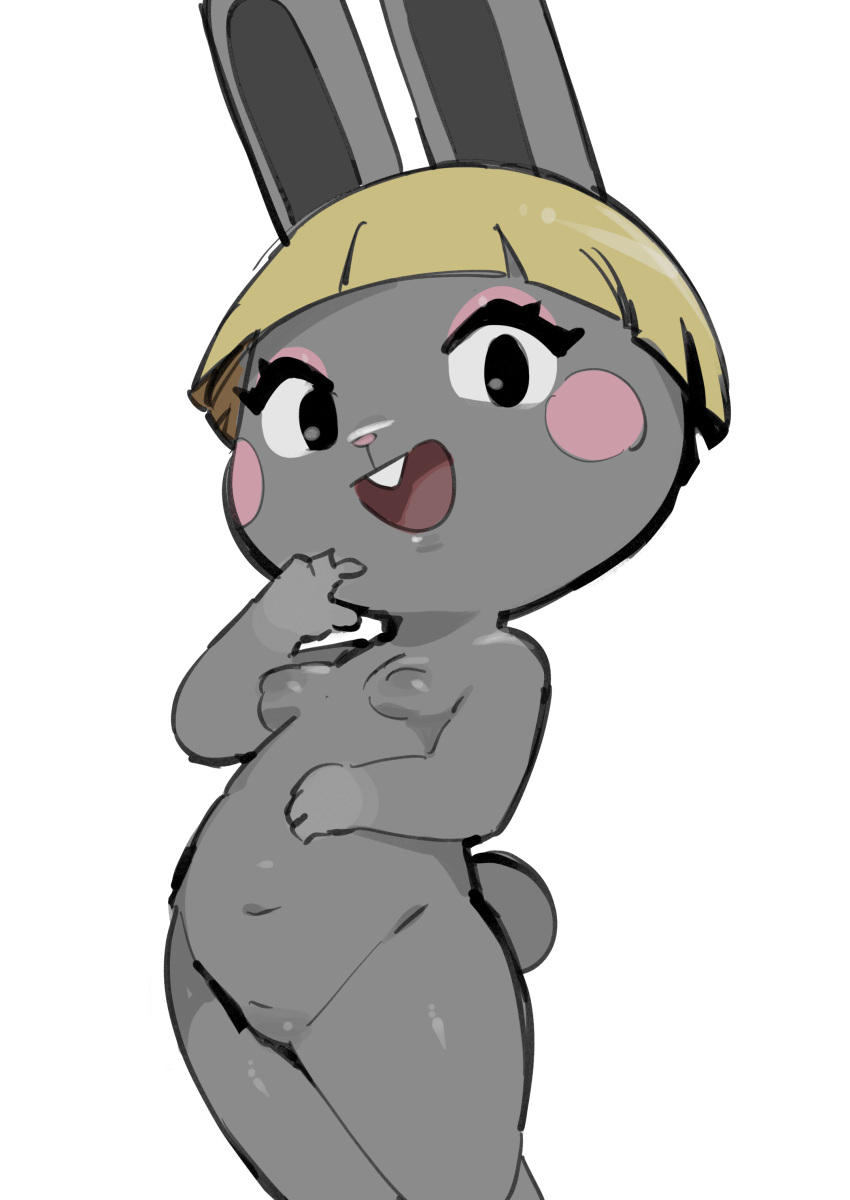 2023 4_fingers absurd_res animal_crossing anthro belly blonde_hair blush blush_stickers bonbon_(animal_crossing) breasts buckteeth eyelashes featureless_crotch female fingers fur grey_body grey_fur hair hi_res lagomorph leporid looking_at_viewer mammal navel nintendo nude open_mouth open_smile oposa rabbit scut_tail short_hair short_tail simple_background small_breasts smile standing tail teeth white_background