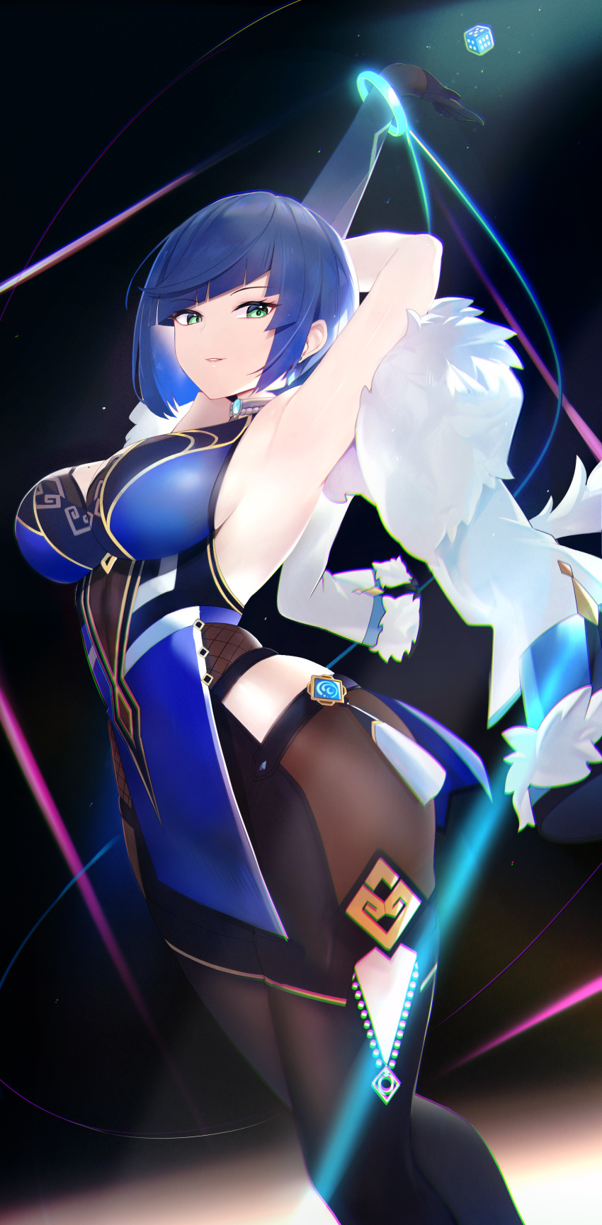 1girl absurdres arm_behind_head armpits arms_up bare_shoulders black_gloves black_pants blue_dress blue_hair blush bob_cut bracelet breasts cleavage diagonal_bangs dice dress earrings elbow_gloves fur-trimmed_jacket fur_trim genshin_impact gloves gradient_hair green_eyes highres jacket jacket_on_shoulders jewelry large_breasts looking_at_viewer mole mole_on_breast multicolored_hair neck_ring pants pelvic_curtain short_hair solo thighs thread tight_clothes tight_pants vision_(genshin_impact) white_jacket xiaodi yelan_(genshin_impact)