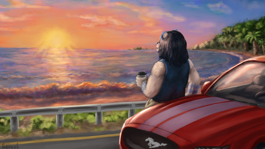 anthro beach beverage car coffee felid ford ford_mustang gevual hi_res journey lion male mammal pantherine road road_trip sea seaside solo sunrise travel vehicle water wave xaverlion