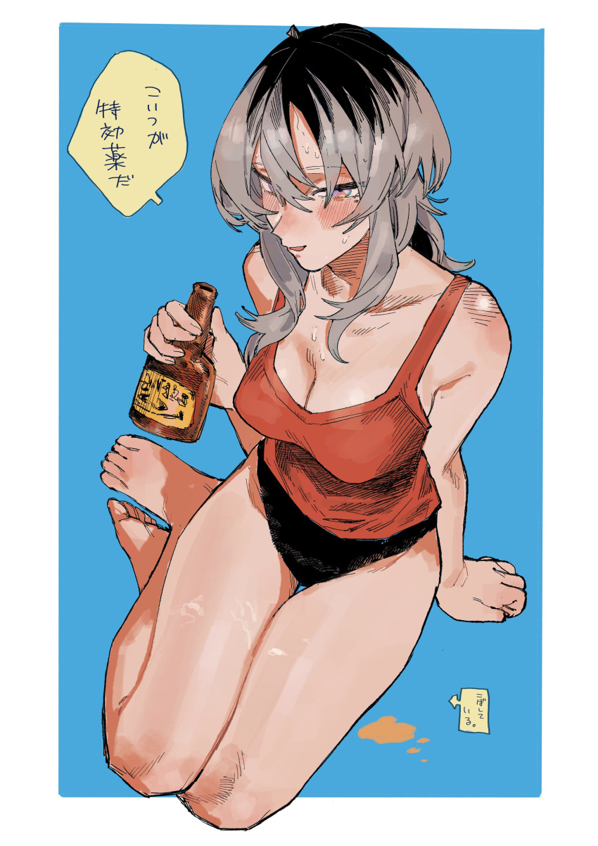 1girl absurdres arm_behind_back arm_support bare_legs barefoot beer_bottle black_hair black_panties blue_background blush breasts collarbone feet full_body grey_eyes grey_hair hair_between_eyes highres holding large_breasts legs long_hair looking_at_viewer mashimashi multicolored_hair no_pants on_ground open_mouth original panties red_tank_top sidelocks solo speech_bubble tank_top thighs toes translation_request two-tone_hair underwear