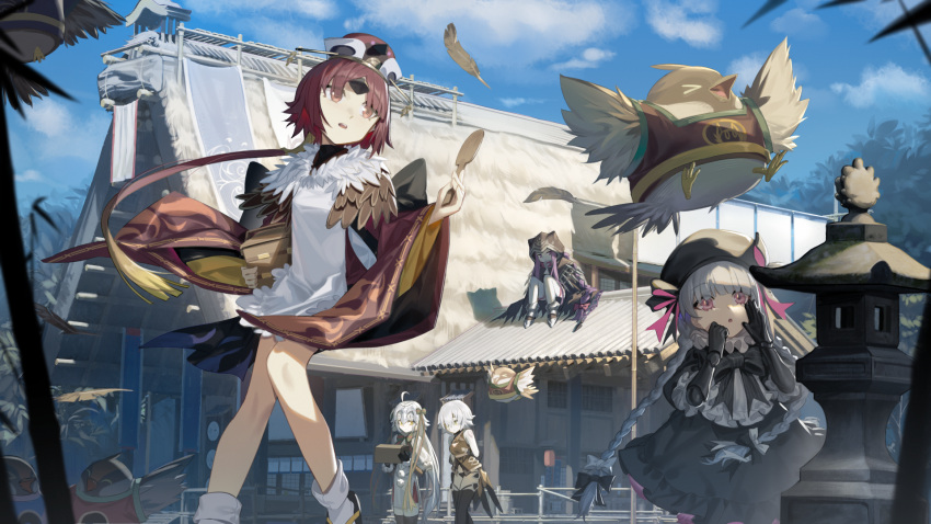 5girls ahoge apron architecture bandaged_arm bandages benienma_(fate) bird bird_hat black_cloak black_dress black_gloves black_headwear black_panties black_thighhighs blue_sky braid brown_kimono building capelet cloak day doll_joints dress east_asian_architecture elbow_gloves fate/grand_order fate_(series) gloves gothic_lolita green_ribbon grey_hair hat headpiece highres hood hood_up hooded_cloak jack_the_ripper_(fate/apocrypha) japanese_clothes jeanne_d'arc_alter_santa_lily_(fate) joints kimono lolita_fashion long_hair low_ponytail medusa_(fate) medusa_(lancer)_(fate) multiple_girls newflame nursery_rhyme_(fate) ohitsu outdoors panties parted_bangs purple_eyes purple_hair red_eyes red_hair ribbon shoulder_tattoo sitting sky standing striped striped_ribbon tattoo thighhighs twin_braids underwear very_long_hair white_apron white_capelet white_hair white_thighhighs wide_sleeves yellow_eyes