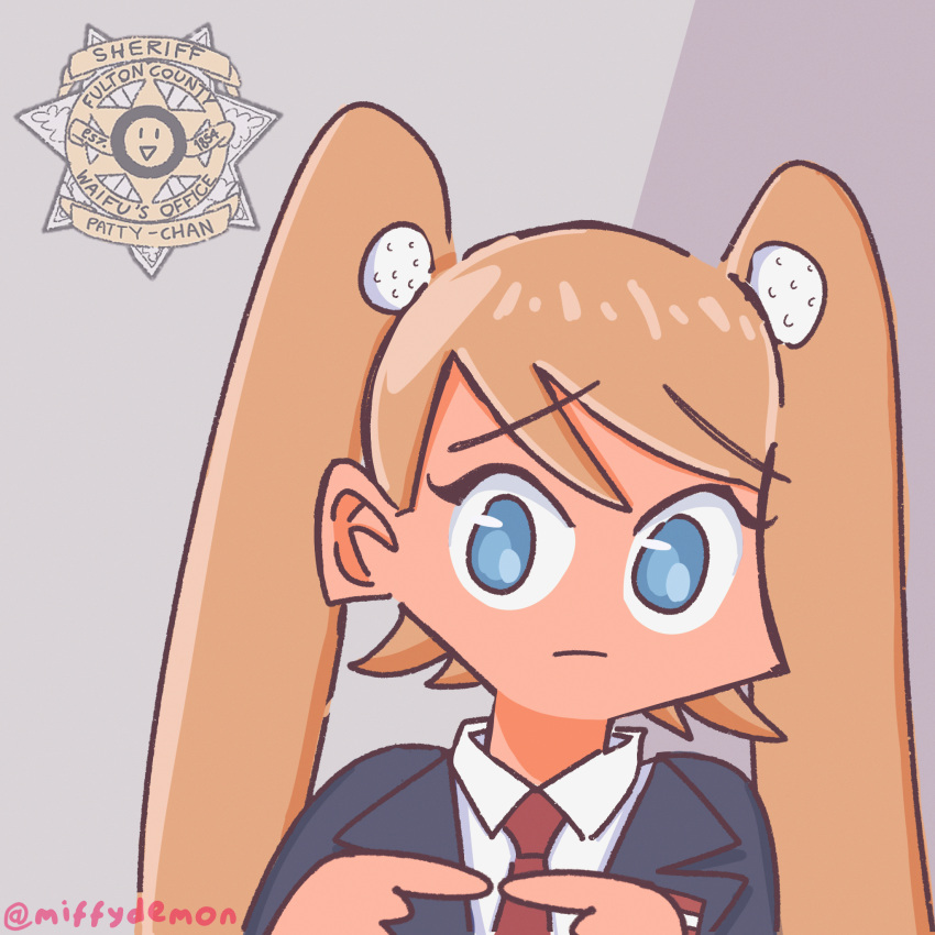 1girl blue_eyes blue_jacket closed_mouth collared_shirt commentary cosplay donald_trump donald_trump_(cosplay) english_commentary genderswap genderswap_(mtf) grey_background head_tilt highres jacket long_hair looking_at_viewer meme miffydemon necktie original red_necktie shirt simple_background solo trump_mugshot_(meme) twitter_username two_side_up upper_body white_shirt