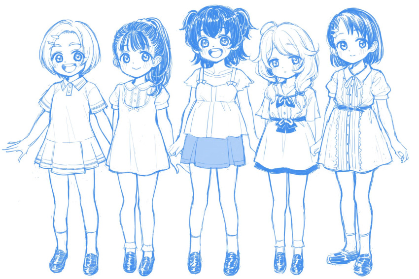 5girls :o akagi_miria arms_at_sides arms_behind_back belt blue_theme blush bow buttons collared_dress collared_shirt dress forehead fukuyama_mai full_body hair_bow hair_ornament hair_scrunchie hairclip happy highres idolmaster idolmaster_cinderella_girls idolmaster_cinderella_girls_u149 loafers long_hair looking_at_viewer medium_hair monochrome multiple_girls neckerchief open_mouth ponytail puffy_short_sleeves puffy_sleeves ribbon ryuzaki_kaoru sasaki_chie scrunchie shirt shoes short_dress short_hair short_sleeves simple_background sketch skirt smile socks standing teeth two_side_up ukokkei upper_teeth_only white_background yusa_kozue