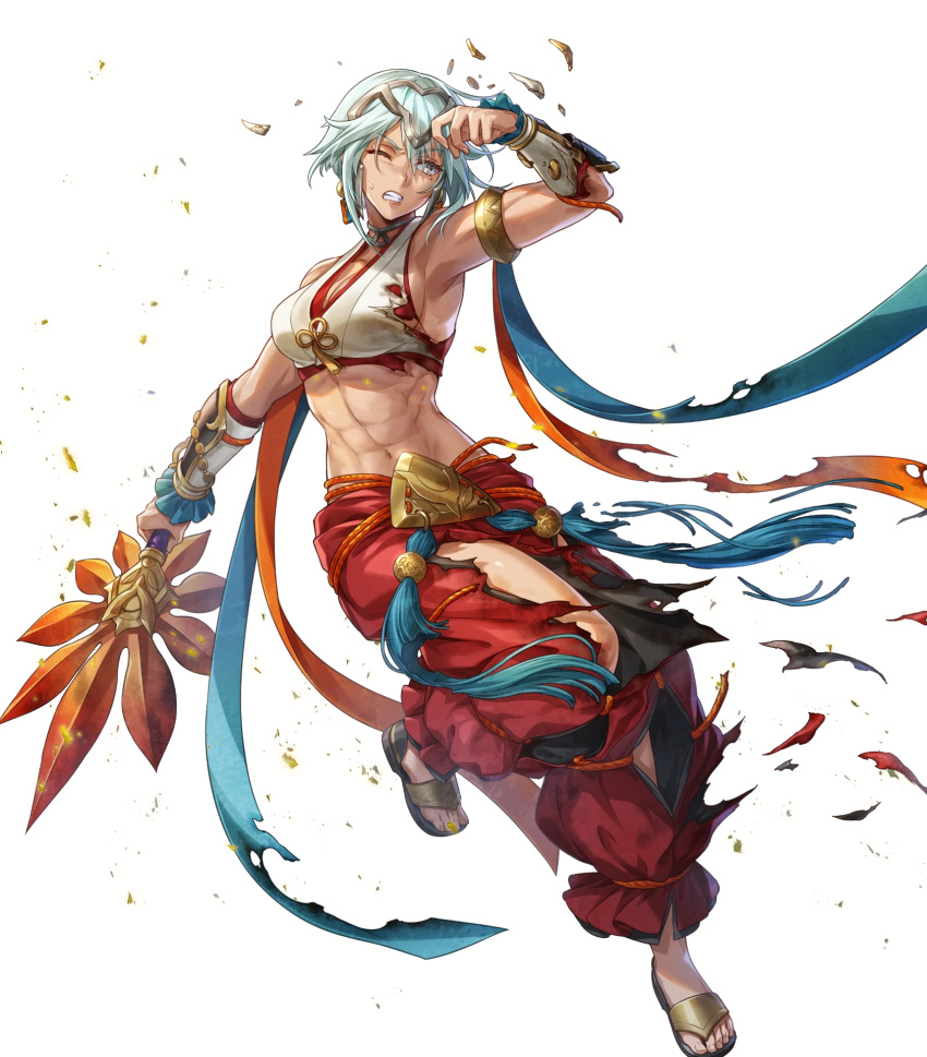 1girl abs argon_(exys) bare_shoulders breasts collar dagr_(fire_emblem) feet fire_emblem fire_emblem_heroes full_body grey_eyes headpiece highres holding japanese_clothes medium_breasts midriff muscular muscular_female navel non-web_source official_art pants sandals short_hair solo stomach toeless_footwear toenails toes transparent_background