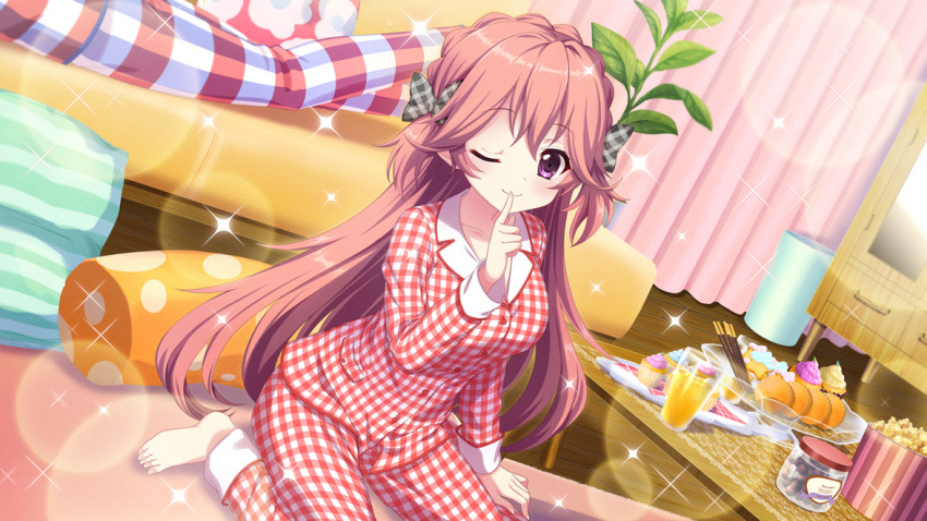 2girls bandou_mikuru bow breasts buttons collarbone couch cup cupcake curtains dot_nose drinking_glass dutch_angle film_grain finger_to_mouth floral_print food game_cg glass_plate grey_bow haeno_akari hair_bow icing izumi_tsubasu jar large_breasts long_hair lying multiple_girls non-web_source official_art on_couch on_floor on_stomach one_eye_closed orange_hair orange_juice pillow plaid plaid_bow plaid_pajamas plant pocky popcorn potted_plant purple_eyes re:stage! rug sitting smile solo_focus sparkle striped_pillow trash_can very_long_hair wariza wooden_floor