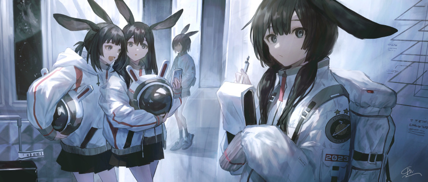 2023 4girls animal_ears backpack bag black_hair grey_eyes hair_between_eyes helmet highres holding holding_helmet holding_notepad holding_pen holding_phone hood hood_down indoors jacket komenomoku long_hair long_sleeves looking_at_phone looking_at_viewer low_twintails multiple_girls nengajou new_year notepad open_clothes open_jacket open_mouth original parted_lips pen phone pleated_skirt rabbit_ears rabbit_girl shoes signature skirt sleeves_past_fingers sleeves_past_wrists socks space_helmet suitcase twintails window