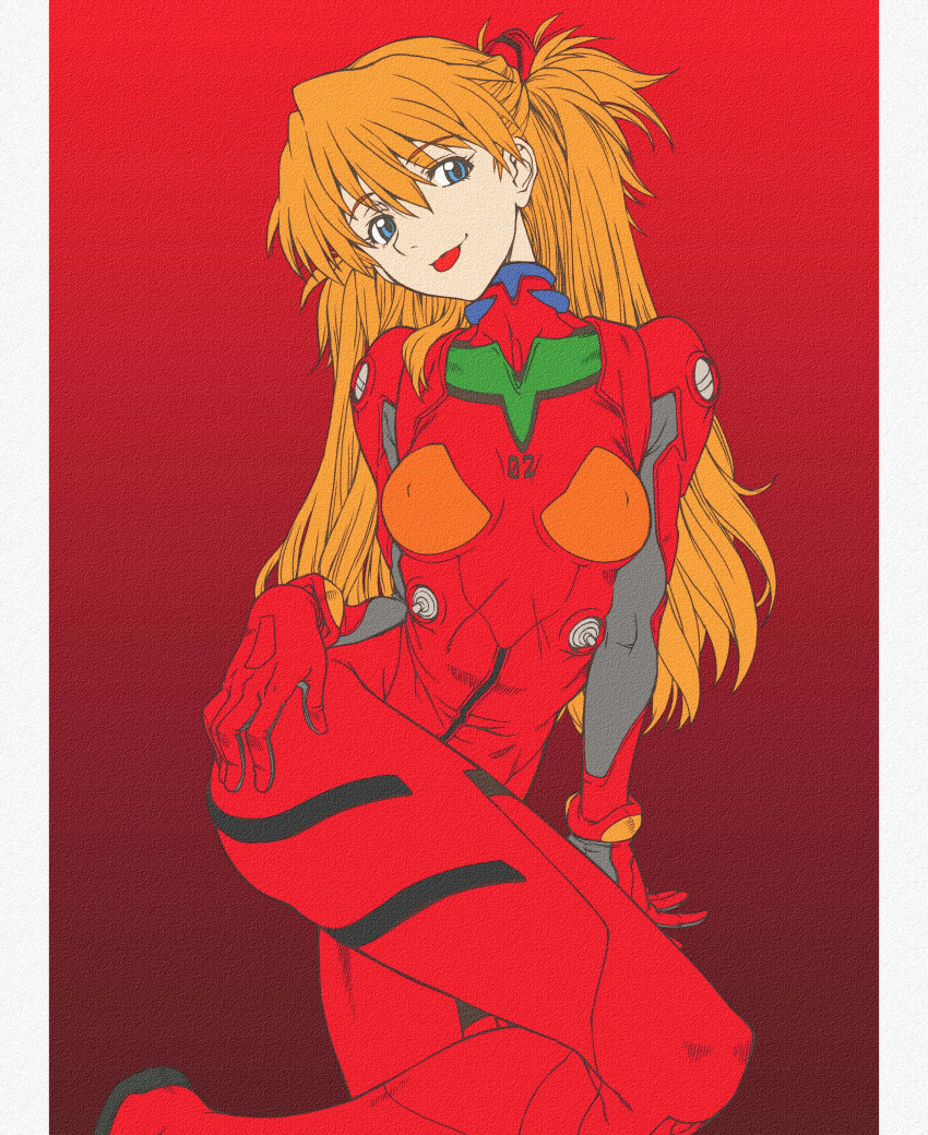 1girl absurdres blue_eyes bodysuit covered_nipples gradient_background hand_on_own_ass harukaze_koucha head_tilt highres interface_headset long_hair neon_genesis_evangelion orange_hair pilot_suit plugsuit red_bodysuit solo souryuu_asuka_langley tongue tongue_out twisted_torso two_side_up