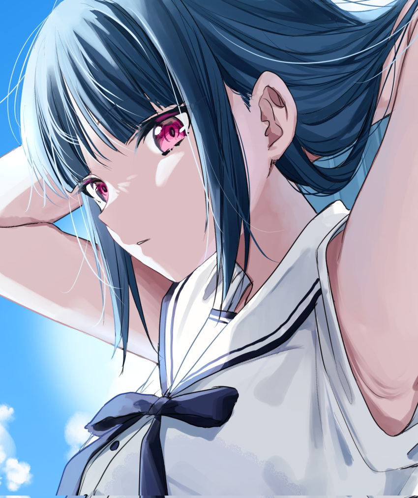 1girl blue_hair chigusa_minori commentary_request corrupted_twitter_file day highres long_hair looking_at_viewer original outdoors parted_lips pink_eyes sailor_collar shirt short_sleeves sidelocks sky solo tying_hair upper_body white_sailor_collar white_shirt