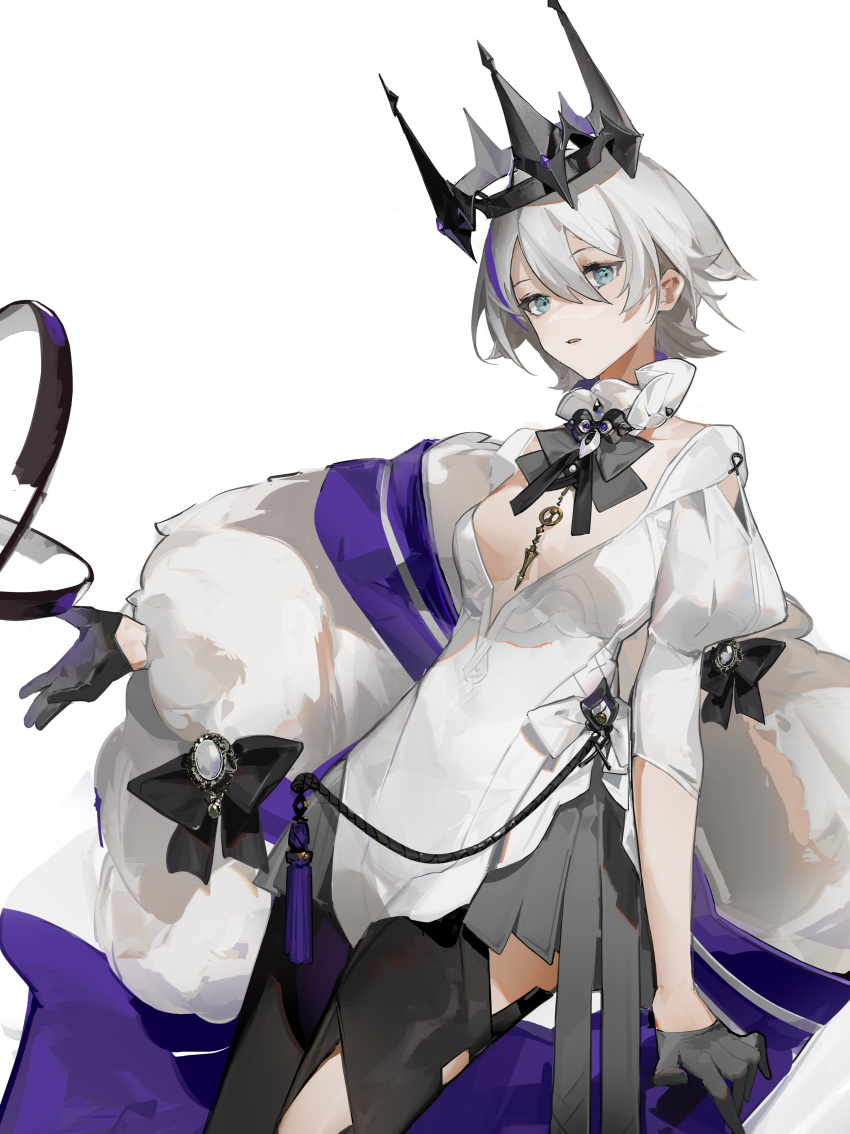 1girl absurdres black_bow black_bowtie black_gloves black_thighhighs blue_eyes bow bowtie commentary_request cowboy_shot crown dress fur_shawl gloves grey_gemstone grey_hair grey_skirt half_gloves highres hui_wuya looking_at_viewer medium_hair multicolored_hair open_mouth puffy_sleeves purple_hair shawl simple_background skirt solo streaked_hair tassel thighhighs vocaloid vsinger white_background white_dress yanhe