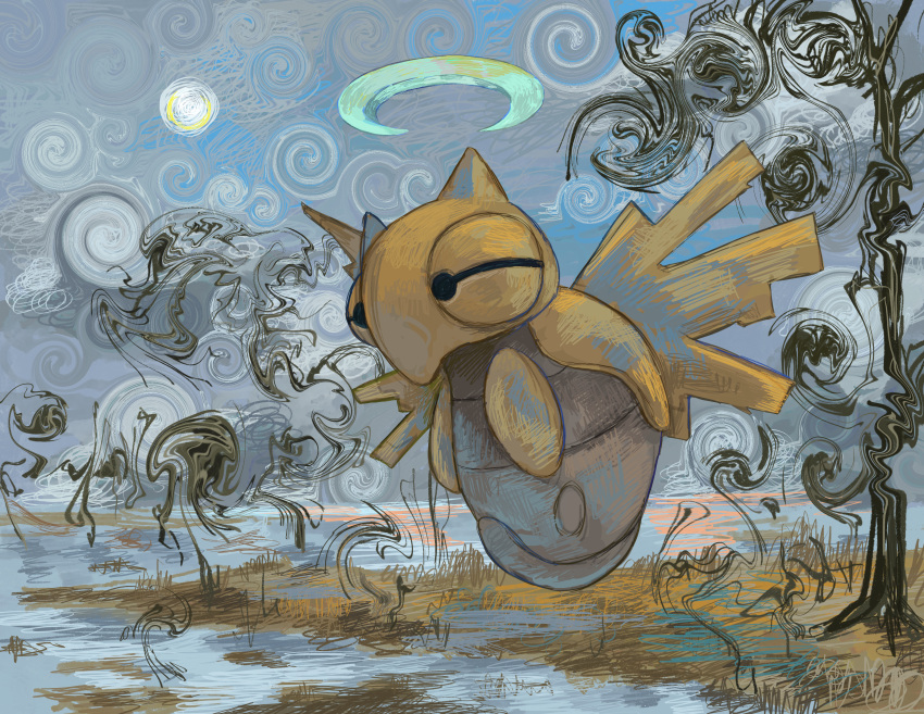 absurdres animal_focus black_eyes blue_sky bug commentary floating halo highres nishinori_(24no71) no_humans outdoors pokemon pokemon_(creature) shedinja sky solo tree