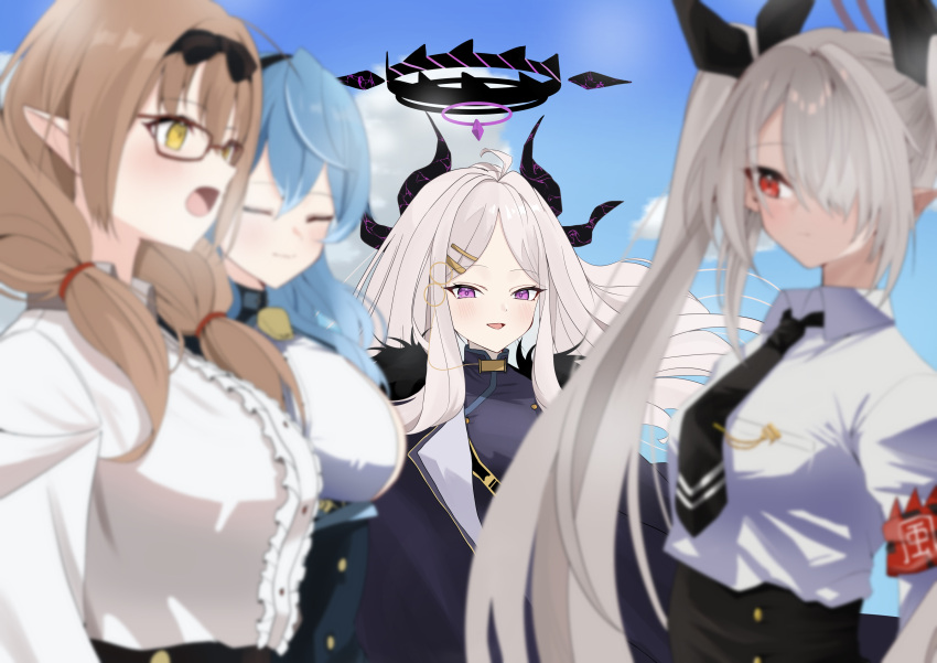 4girls :d absurdres ahoge ako_(blue_archive) armband bell belt black_necktie blue_archive blue_hair blue_sky blurry breast_pocket breasts brown_hair chinatsu_(blue_archive) cloud cloudy_sky coat coat_on_shoulders commentary_request dark-skinned_female dark_skin demon_girl demon_horns depth_of_field forehead fur-trimmed_coat fur_trim grey_hair hair_between_eyes hair_ornament hair_over_one_eye hair_ribbon hairband hairclip highres hina_(blue_archive) horns iori_(blue_archive) looking_at_viewer low_twintails military military_uniform multiple_girls neck_bell necktie parted_bangs pocket pointy_ears ponytail purple_eyes red_eyes ribbon sam_browne_belt school_uniform shoulder_belt sideboob sidelocks sky smile somu_(user_vmry8728) twintails uniform white_hair yellow_eyes