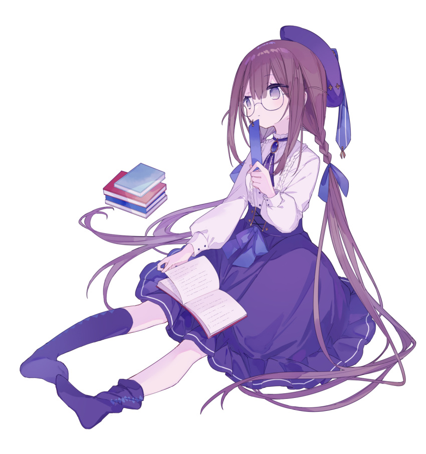 1girl book bookmark bow brown_hair character_request closed_mouth dress glasses hair_between_eyes hair_bow hat highres holding holding_bookmark long_hair long_sleeves low_twintails mizumizu_(phoenix) open_book original purple_dress purple_eyes purple_headwear purple_socks simple_background sitting socks solo twintails very_long_hair virtual_youtuber white_background