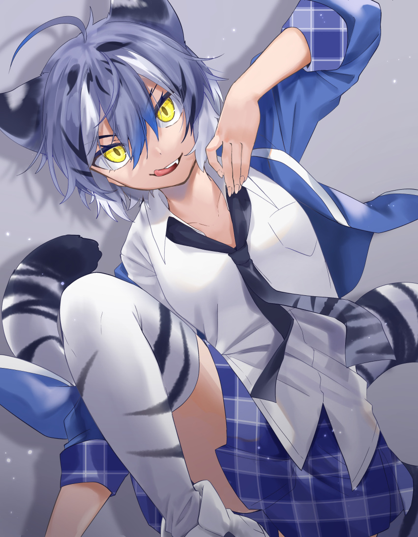 1girl absurdres ahoge animal_ears animal_print arm_up black_hair blue_hair blue_jacket blue_skirt breast_pocket double-parted_bangs extra_ears eyebrows_hidden_by_hair fang fingernails forked_eyebrows grey_hair hair_between_eyes highres isobee jacket kemono_friends leaning_to_the_side leg_up licking_lips long_sleeves maltese_tiger_(kemono_friends) medium_hair miniskirt multicolored_hair necktie open_clothes open_jacket plaid plaid_skirt plaid_sleeves plaid_trim pocket print_necktie print_thighhighs shirt shoes skirt smile solo spread_legs tail thighhighs tiger_ears tiger_girl tiger_print tiger_tail tongue tongue_out untucked_shirt white_shirt white_tiger_print zettai_ryouiki