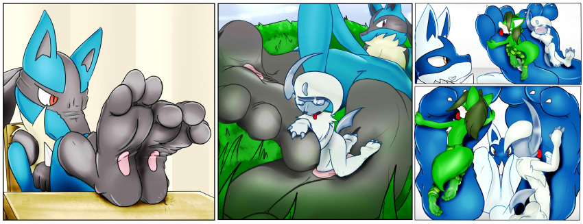 absurd_res ambiguous_gender anthro barefoot feet female foot_fetish foot_lick foot_play generation_4_pokemon group hi_res humanoid_feet humanoid_toes licking lucario macro micro nintendo pawpads plantigrade pokemon pokemon_(species) soles toes tongue tongue_out xptzstudios