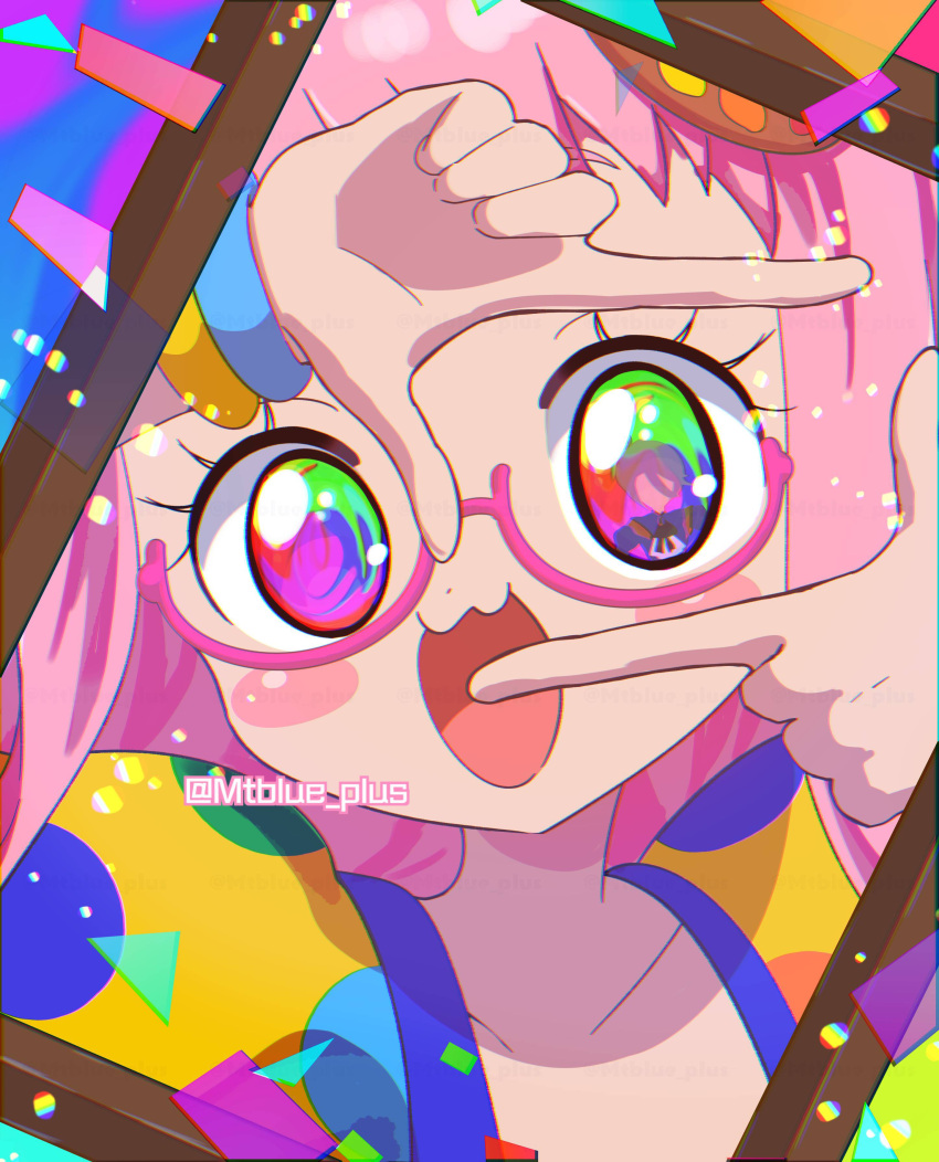 1girl :3 :d absurdres blush colorful commentary_request eye_reflection finger_frame glasses hands_up highres kiki_ajimi long_hair looking_at_viewer mtblue_plus multicolored_eyes open_mouth picture_frame pink-framed_eyewear pink_hair portrait pretty_(series) pripara reflection shikyouin_hibiki smile solo twitter_username