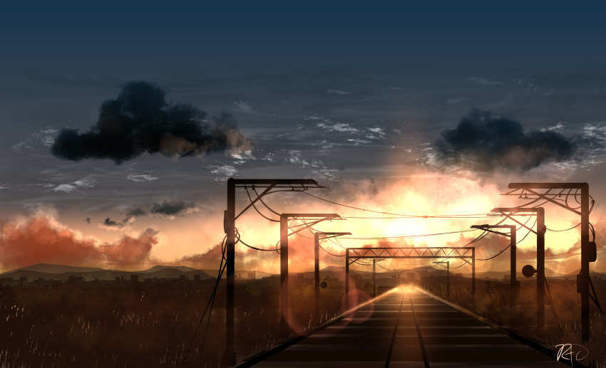 absurdres chinese_commentary cloud commentary_request ground_vehicle highres mountainous_horizon no_humans original outdoors railroad_tracks rune_xiao scenery signature sky still_life sun sunset train