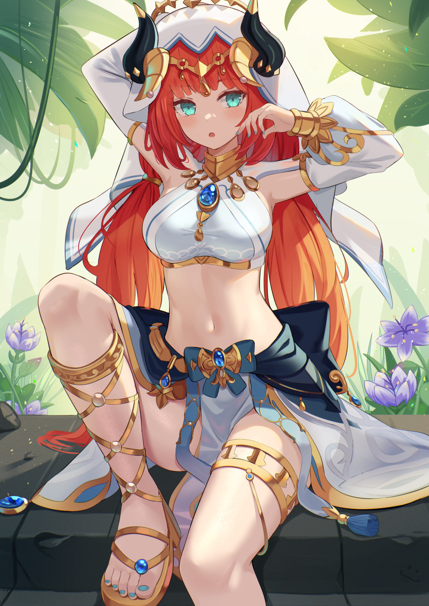 1girl :o absurdres arm_behind_head armpits arms_up blue_eyes breasts crop_top dancer detached_sleeves fake_horns genshin_impact gold_trim highres horns leg_up long_hair long_sleeves looking_at_viewer low_twintails medium_breasts midriff mirufuaa nail_polish navel nilou_(genshin_impact) open_mouth pelvic_curtain red_hair sandals shirt sitting skirt solo stomach thighlet toenail_polish toenails twintails veil very_long_hair white_shirt white_skirt
