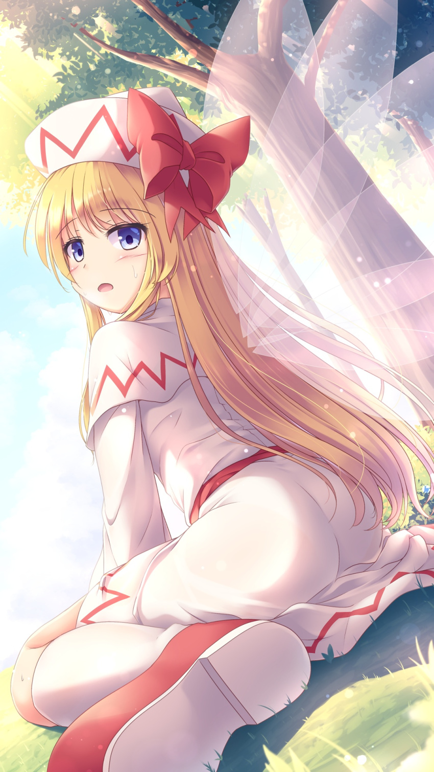 ass blonde_hair blue_eyes dress fairy fairy_wings from_behind highres lily_white long_hair looking_at_viewer looking_back lzh on_grass open_mouth sitting sunlight touhou tree wariza white_dress white_headwear wings