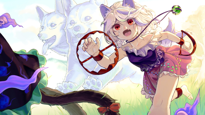 2girls animal_ears ankle_cuffs bare_legs barefoot bear_trap black_dress cat_tail dog_ears dog_girl dog_tail dress extra_tails fang frilled_dress frills grey_hair highres hitodama_print kaenbyou_rin mitsugashira_enoko multicolored_hair multiple_girls multiple_tails off-shoulder_shirt off_shoulder pink_skirt purple_hair purple_shirt rainbow_print shirt skin_fang skirt skull tail touhou two-tone_hair unfinished_dream_of_all_living_ghost white_hair yahaha